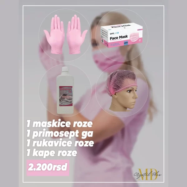1 maskice roze + 1 primosept ga + 1 rukavice roze +1 kape roze