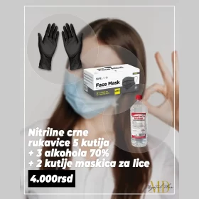 5 Nitrilne crne rukavice + 3 alkohola 70% + 2 kutije maskica za lice