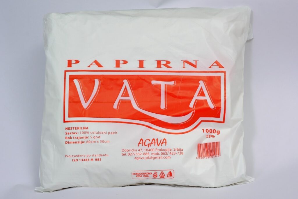Papirna vata 1 kg – nesterilna medicinska vata od 100% celuloznog papira, visoke moći upijanja, dimenzije 60x30 cm.